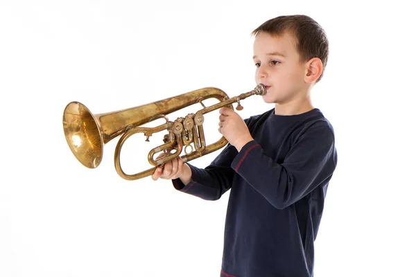 Caucasian boy plays to shoot at the old camera. — Stock Photo, Image