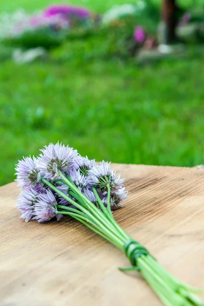 Ciboulette de fleurs attachée dans un snop sur une planche à découper en bois naturel — Photo