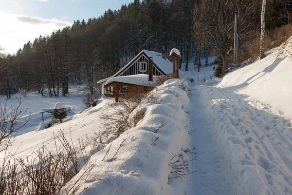 Montañas Orlicke - Hermosa casa de campo de madera nevada —  Fotos de Stock