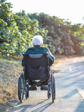 Yaşlı Asyalı kadınlar, yaşlılar, dışarıda tekerlekli sandalyeye otururlar.