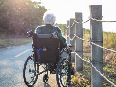 Yaşlı Asyalı kadınlar, yaşlılar, dışarıda tekerlekli sandalyeye otururlar.