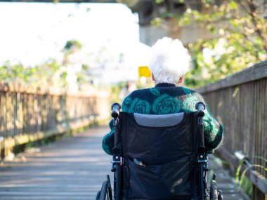 Yaşlı Asyalı kadınlar, yaşlılar, dışarıda tekerlekli sandalyeye otururlar.
