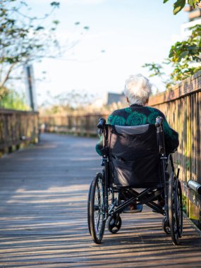 Yaşlı Asyalı kadınlar, yaşlılar, dışarıda tekerlekli sandalyeye otururlar.
