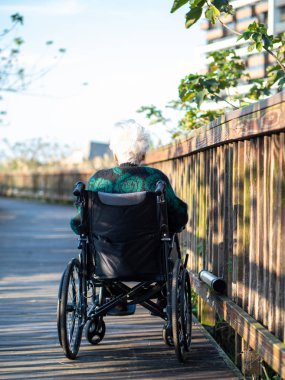 Yaşlı Asyalı kadınlar, yaşlılar, dışarıda tekerlekli sandalyeye otururlar.