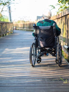 Yaşlı Asyalı kadınlar, yaşlılar, dışarıda tekerlekli sandalyeye otururlar.