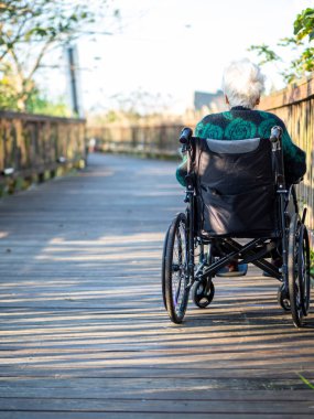 Yaşlı Asyalı kadınlar, yaşlılar, dışarıda tekerlekli sandalyeye otururlar.