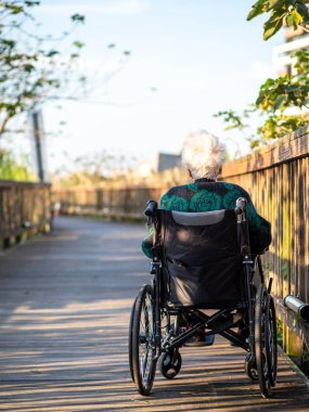 Yaşlı Asyalı kadınlar, yaşlılar, dışarıda tekerlekli sandalyeye otururlar.