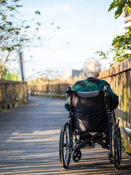 Ältere Asiatische Frauen Ältere Menschen Sitzen Rollstuhl Freien — Stockfoto