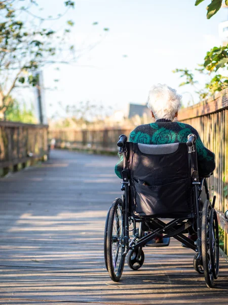 Ältere Asiatische Frauen Ältere Menschen Sitzen Rollstuhl Freien — Stockfoto