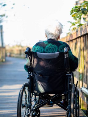 Yaşlı Asyalı kadınlar, yaşlılar, dışarıda tekerlekli sandalyeye otururlar.