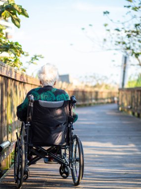 Yaşlı Asyalı kadınlar, yaşlılar, dışarıda tekerlekli sandalyeye otururlar.