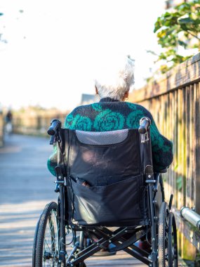 Yaşlı Asyalı kadınlar, yaşlılar, dışarıda tekerlekli sandalyeye otururlar.