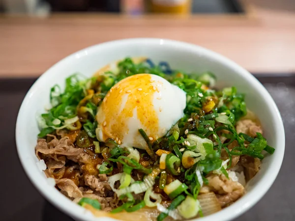 Comida Japonesa Carne Gyudon Arroz Com Gema Ovo Crua — Fotografia de Stock