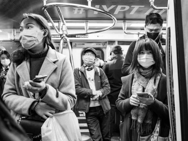 Pasajeros Con Máscara Facial Sistema Transporte Masivo Taipei Taiwán — Foto de Stock