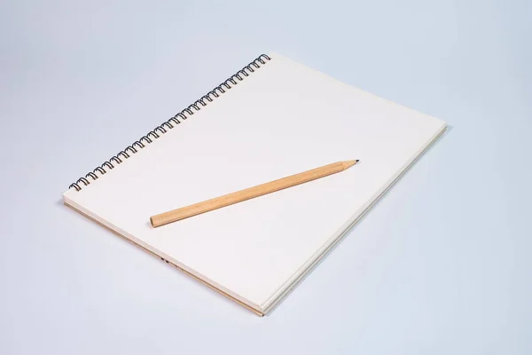Widok Góry Otwarty Spiralny Pusty Notatnik Drewna Ołówek Białym Tle — Zdjęcie stockowe