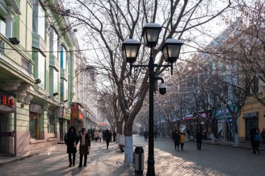 12 Ocak 2020 'de Harbin, Çin' de sokaktaki insanlar. Kuzeydoğu Çin 'de şehir nüfusunun ve metropoliten nüfusun yaşadığı en büyük ikinci şehirdir..