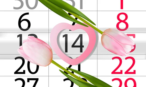 14 février calendrier réaliste avec tulipes. Concept de Saint-Valentin . — Image vectorielle