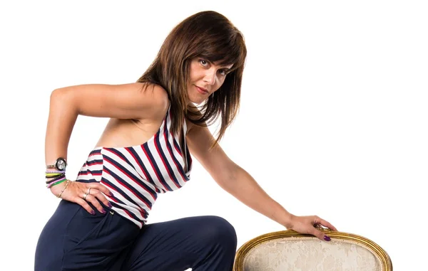 Model woman with vintage armchair — Stock Photo, Image