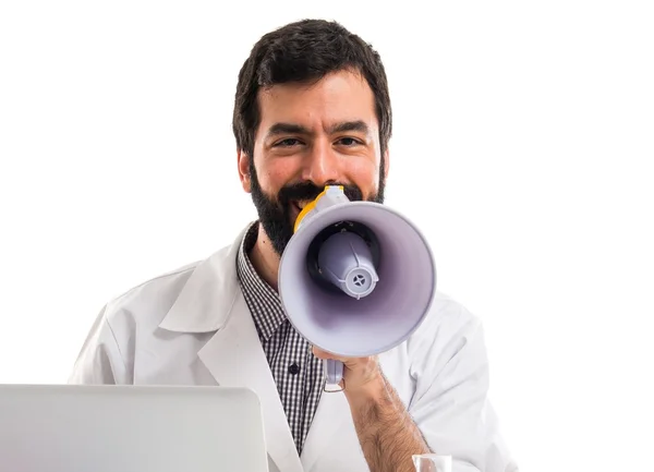 Scientist man shouting by megaphone — Stock Photo, Image