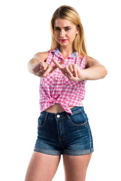 Blonde girl doing NO gesture — Stock Photo, Image