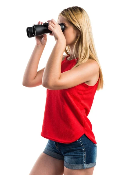 Blondýnka s dalekohledem — Stock fotografie