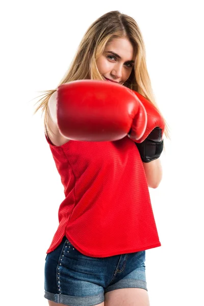 Menina loira com luvas de boxe — Fotografia de Stock