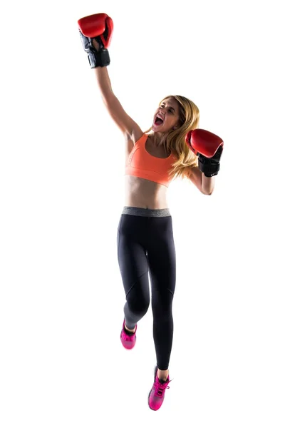 Lucky girl with boxing gloves — Stock Photo, Image