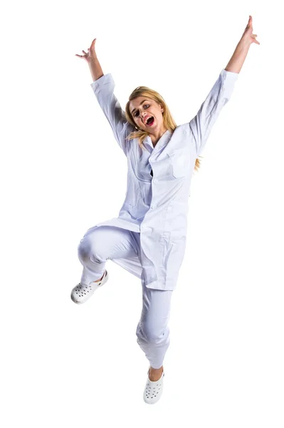 Женщина-врач прыгает — стоковое фото
