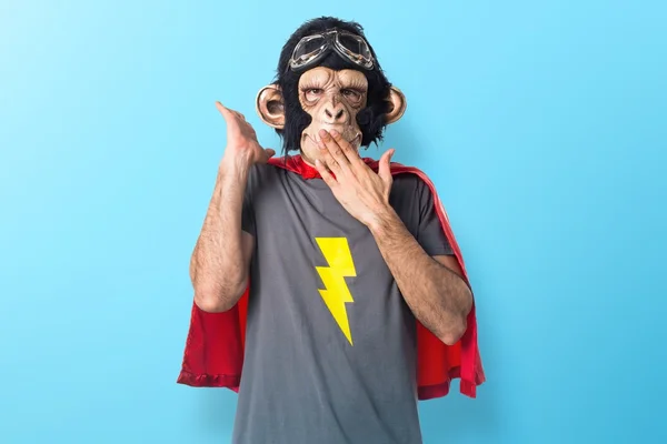 Superhero monkey man doing surprise gesture — Stok Foto