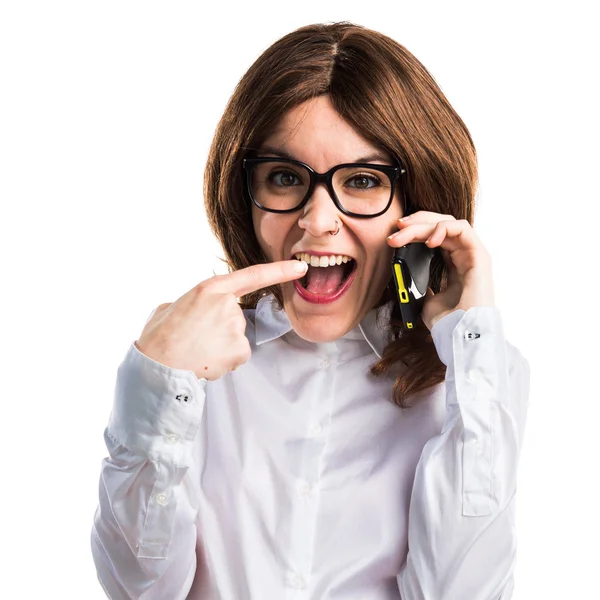 Teen student girl talking to mobile — Stock Photo, Image