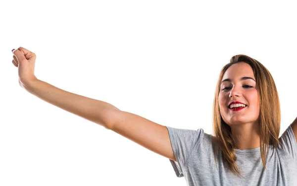 Pretty blonde woman with grey shirt — Stock Photo, Image