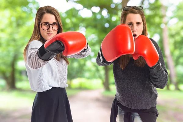Zwillingsschwestern mit Boxhandschuhen — Stockfoto
