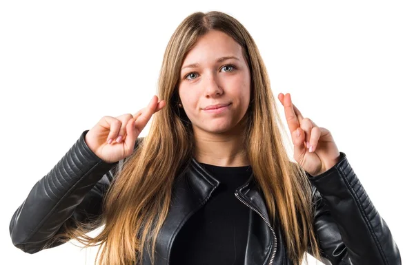 Adolescente chica con sus dedos cruzando — Foto de Stock