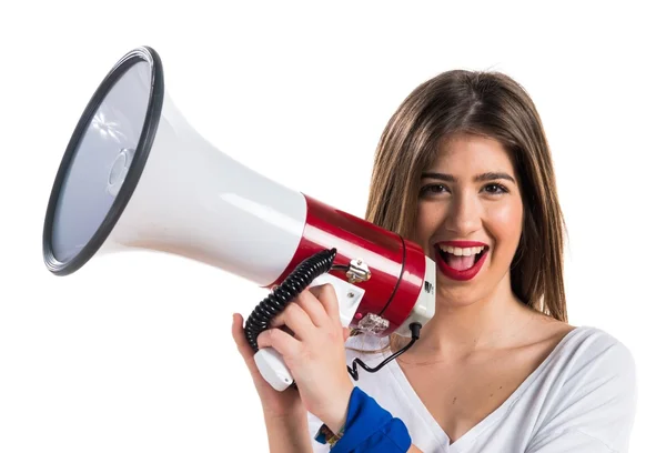 Jovem gritando por megafone — Fotografia de Stock