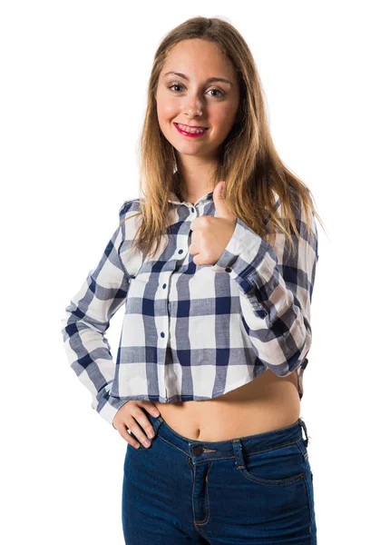 Blonde teen girl with thumb up — Stock Photo, Image