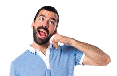 Adam mavi gömlek telefon jest yapma ile