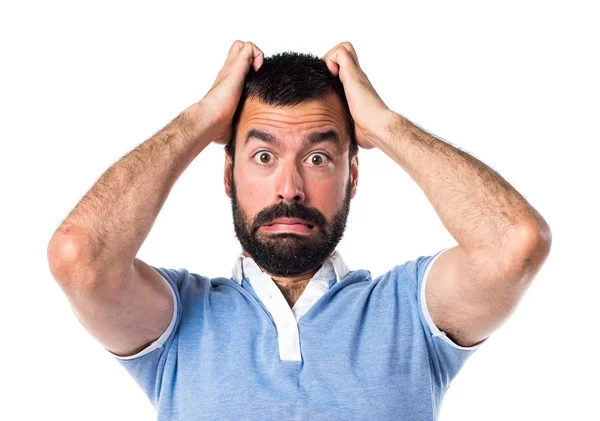 Frustrert mann med blå skjorte – stockfoto