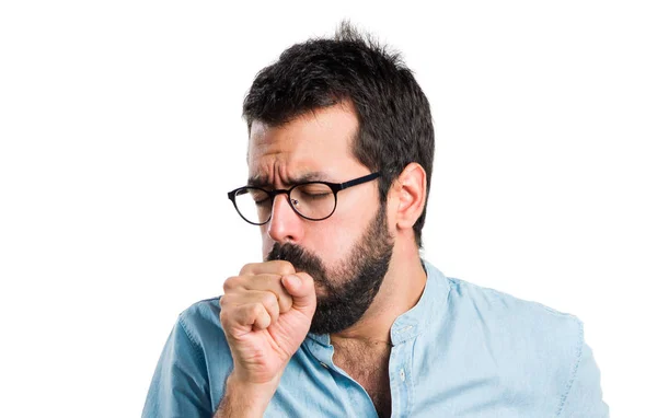 Schöner Mann mit blauer Brille, der viel hustet — Stockfoto