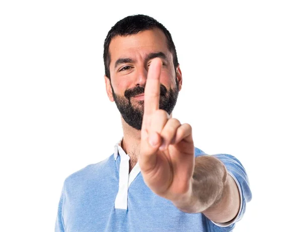 Hombre con camisa azul contando uno —  Fotos de Stock