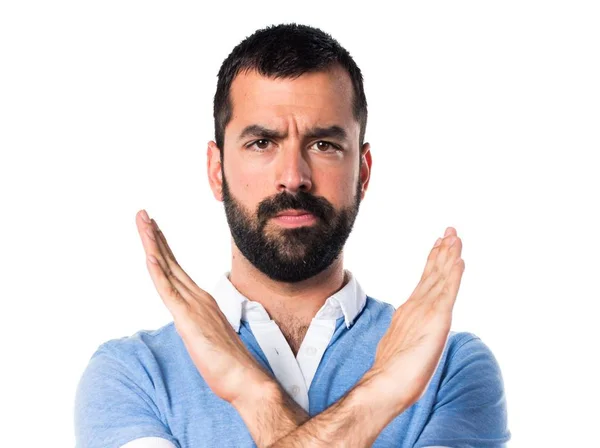Homem com camisa azul não fazendo nenhum gesto — Fotografia de Stock