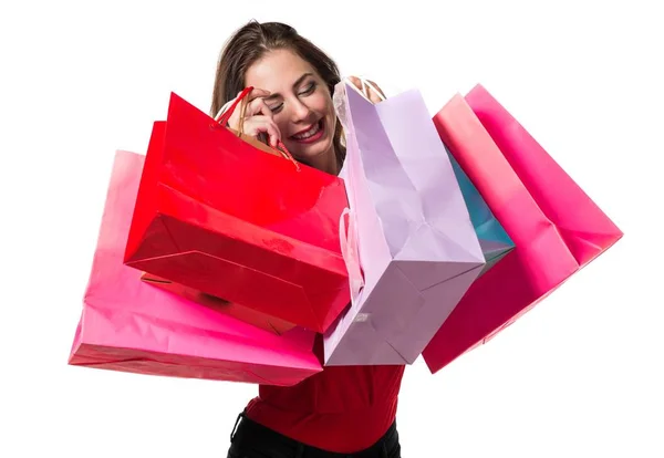 Chica bastante joven con muchas bolsas de compras —  Fotos de Stock