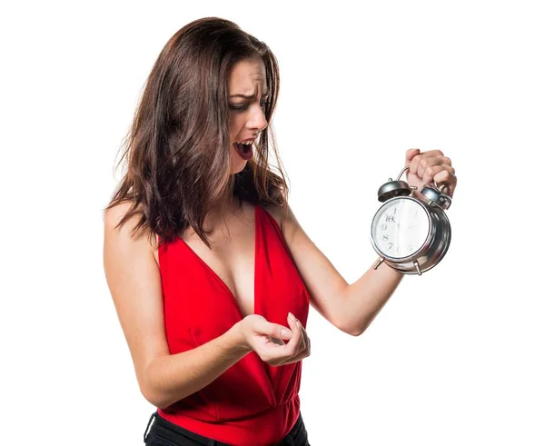 Bella ragazza che tiene orologio vintage — Foto Stock