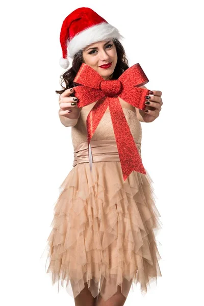 Mulher bonita com gravata de Natal vermelho — Fotografia de Stock