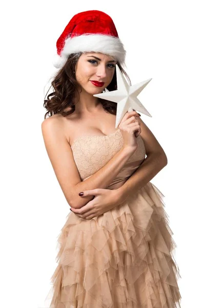 Csinos, fiatal nő tartja karácsonyi csillag — Stock Fotó