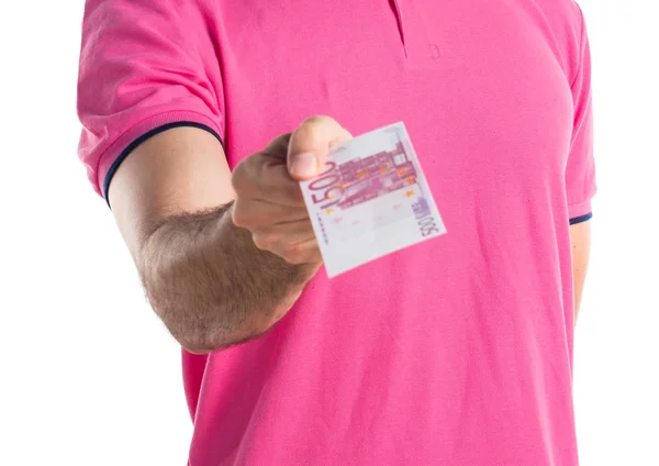 Hombre en ropa colorida tomando un montón de dinero — Foto de Stock