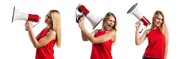 Chica rubia gritando por megáfono — Foto de Stock
