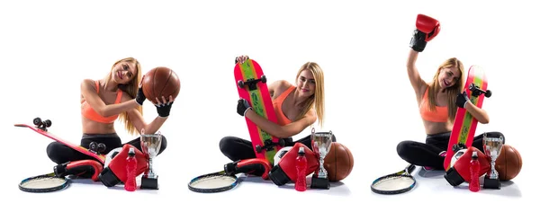 Menina do esporte com um monte de itens esportivos — Fotografia de Stock