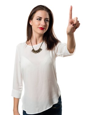 Pretty genç kız şeffaf ekranda dokunmadan