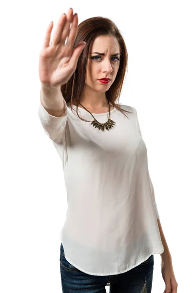 Pretty young girl making stop sign — Stock Photo, Image