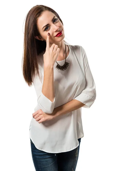 Pretty young girl showing something — Stock Photo, Image